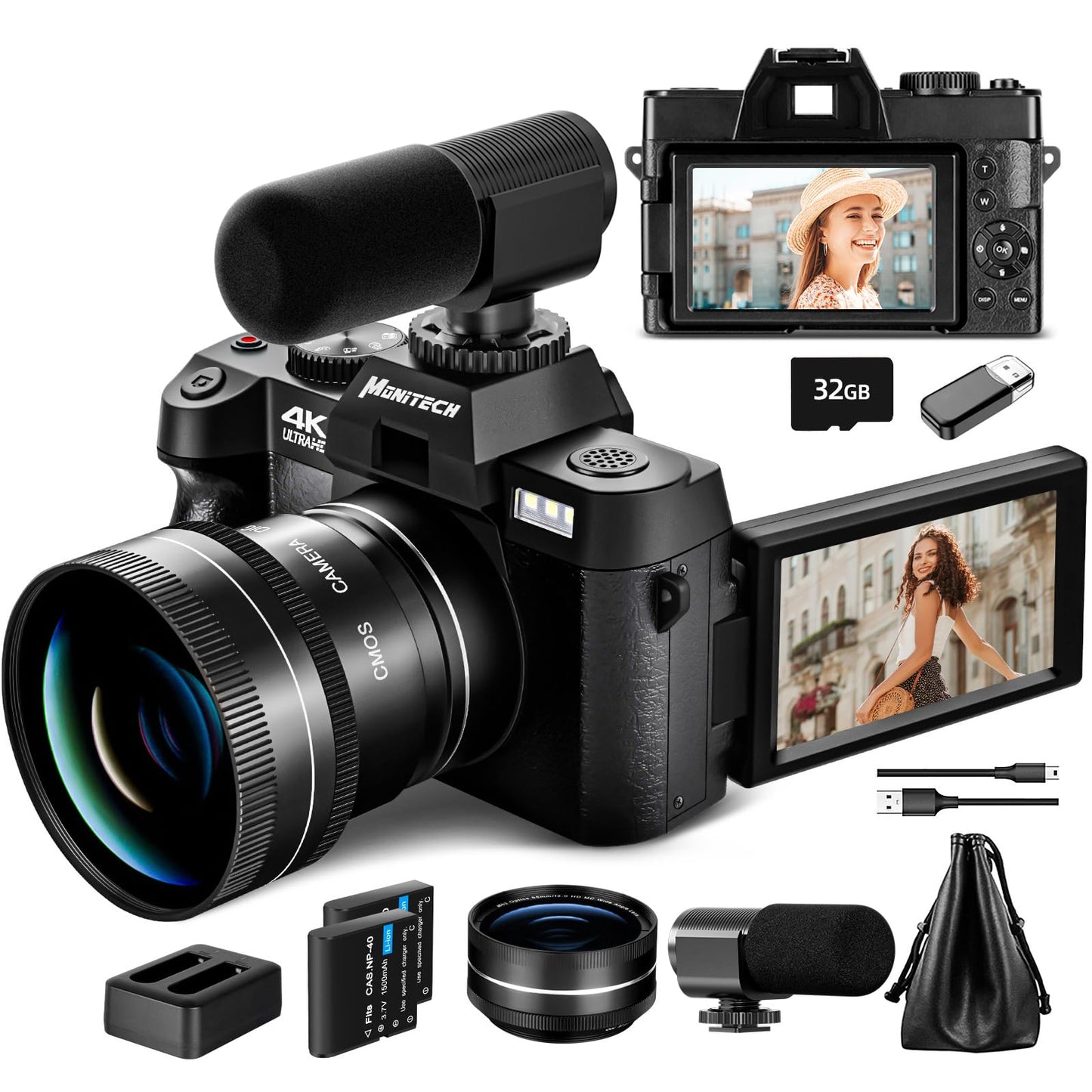 Mo Digital Cameras for Photography & 4K Video 48 MP Vlogging Camera for YouTube with 180° Flip Screen16X Digital ZoomFlash & Autofocus52mm Wide Angle & Macro Lens2 Batteries32GB SD Card(Black)