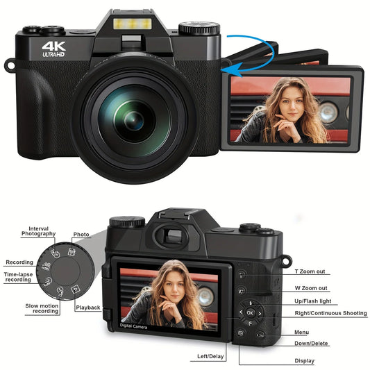 4K Digital Camera for Photography 16X Digital Zoom Vlogging Camera for YouTube 64MP WiFi Auto Focus Video Camera 3" Flip Screen
