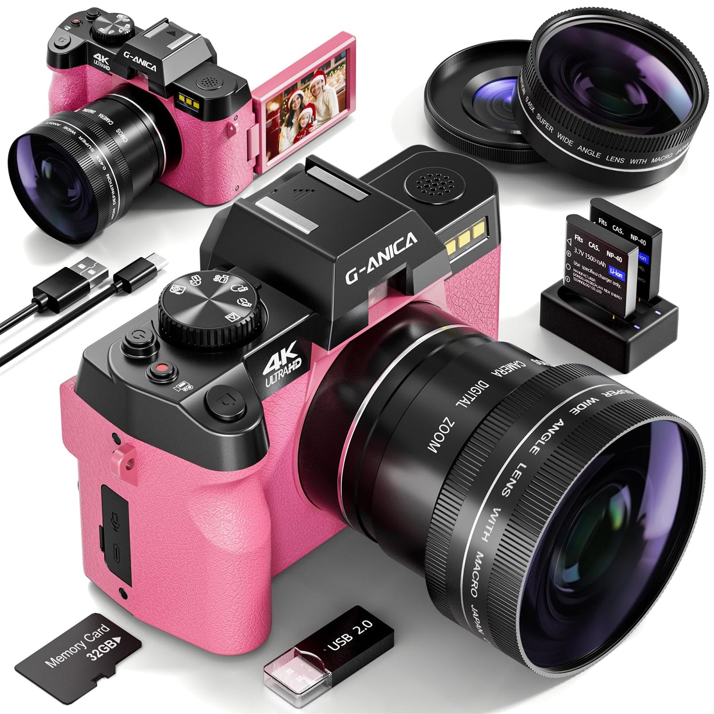 4K Digital Cameras for Photography 48MP Vlogging Camera for YouTube with WiFi 180° Flip Screen Compact Camera with Flash 16X Digital Zoom Travel Camera with Wide-Angle &Macro Lens(Pink)