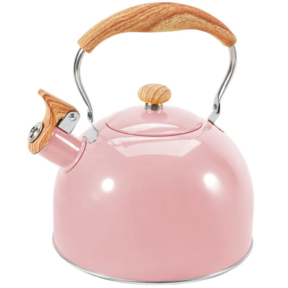 GGC Tea Kettle for Stove Top 85OZ/2.6QT Whistling Tea Kettles for Boiling Water Milik or Coffee Pink Stainless Steel Tea Pots with Wood Pattern Folding Handle Thumb Design Control Kettle Outlet