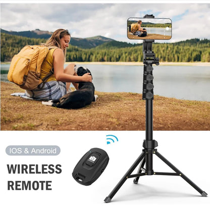 64”Phone & Camera Tripod with Remote and Phone Holder, Sturdy & Stable Height Adjustable Multi-Angle Shot Selfie Stick Tripod