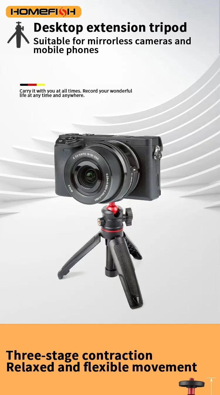 Portable extendable tripod for DSLR cameras, mobile phones, and desktops. Handle for live streaming.