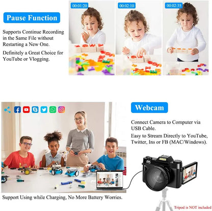 4K HD Professional Digital Camera Camcorder WIFI Webcam Wide Angle 16X Digital Zoom 48MP Photography 3 Inch Flip Screen Recorder