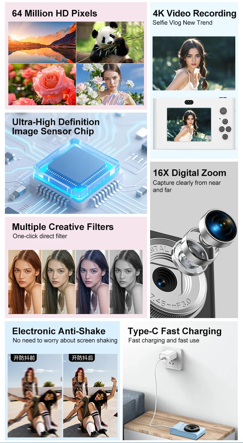 Retro CCD 24 Million Pixels Camcorder 4K Digital Camera 16x Zoom Compact Cameras Auto Focus for Adult Beginners Kids Photograph