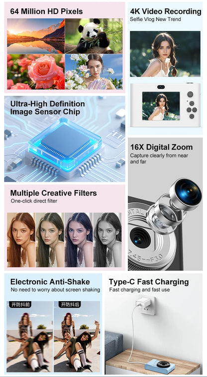 Retro CCD 24 Million Pixels Camcorder 4K Digital Camera 16x Zoom Compact Cameras Auto Focus for Adult Beginners Kids Photograph
