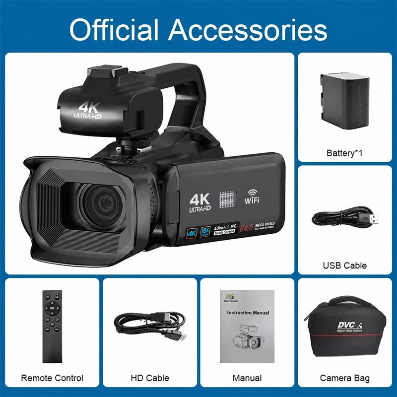 4K HD Video Cameras for Photography 64MP WiFi Livestream Webcam Camcorder 18X Digital Zoom Vlog Recording Camera for YouTube