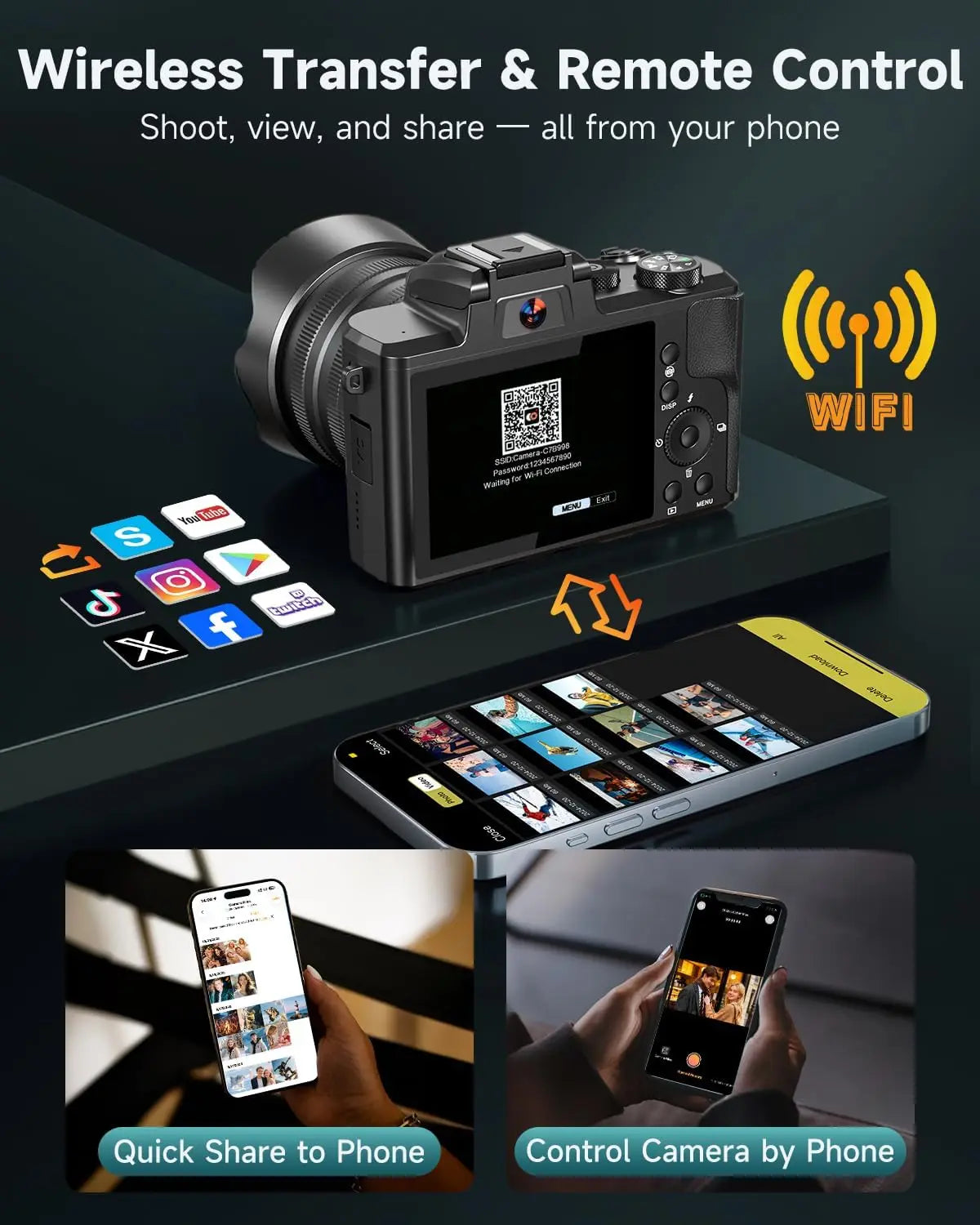 88MP Digital Camera 8K Autofocus WiFi Professional Video Camera with Flash, Touch Screen, Lens Hood 32G Card