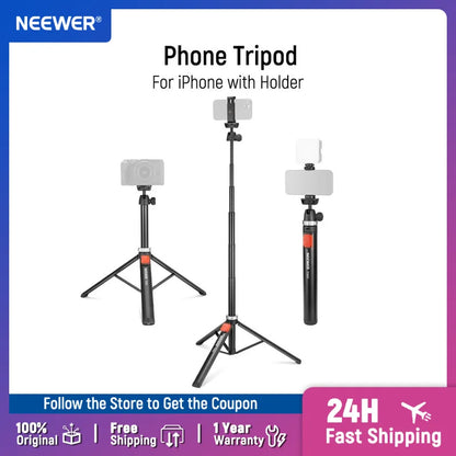 NEEWER Phone Tripod for Cell Phone Camera Remote 62.9" All Metal Selfie Stick Travel Vlog Tripod Stand for iPhone with Holder