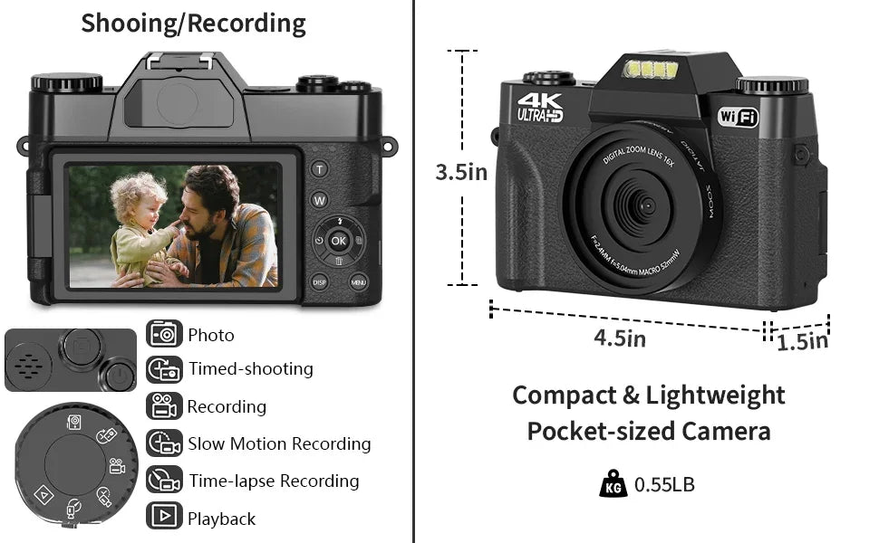 4K Compact Digital Photography Camera 16X 48MP Electronic Image Stabilization vlog Tiktok Ins Youtube Camcorder 3" Flip Screen