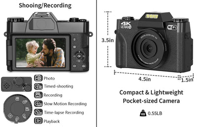 4K Compact Digital Photography Camera 16X 48MP Electronic Image Stabilization vlog Tiktok Ins Youtube Camcorder 3" Flip Screen