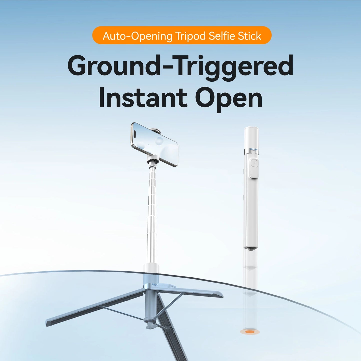TELESIN Auto-Opening Tripod Selfie Stick with Remote Control Automatically Unfold Tripod Ground 1.7m Clamp-on Tripod for Phones