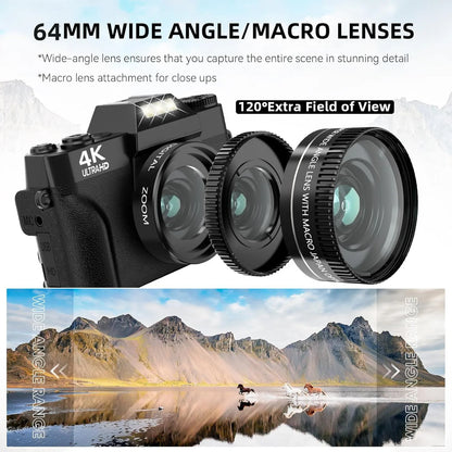 4K Digital Camera for Photography 16X Digital Zoom Vlogging Camera for YouTube 64MP WiFi Auto Focus Video Camera 3" Flip Screen
