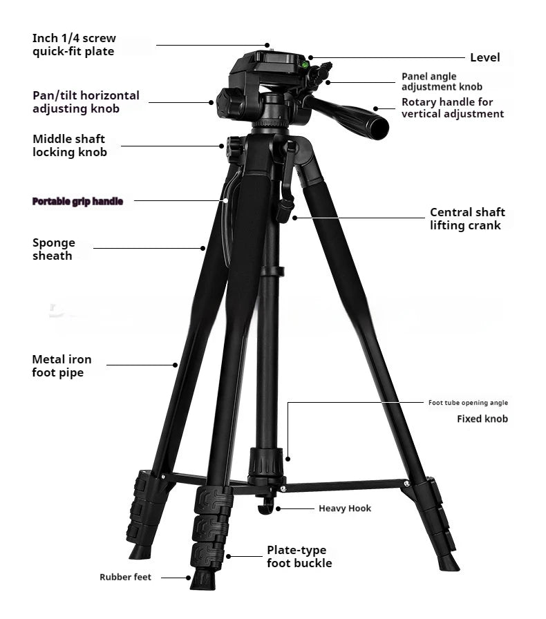F180 Professional Tripod 180cm Phone HolderMultifunction Outdoor Portable Tripod for Live Streaming Photography Shooting Tripod
