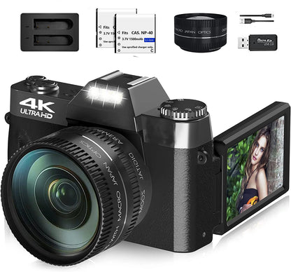 4K Digital Camera for Photography 16X Digital Zoom Vlogging Camera for YouTube 64MP WiFi Auto Focus Video Camera 3" Flip Screen