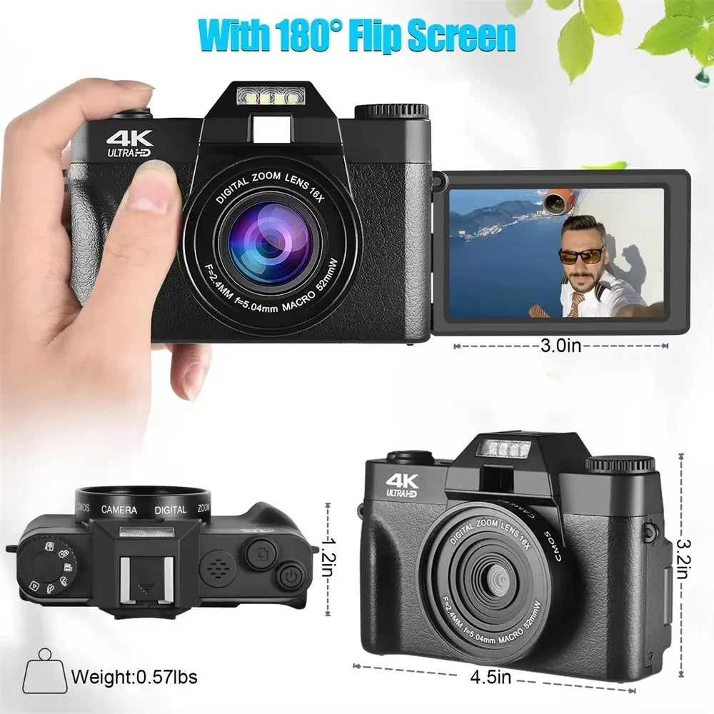 4K Compact Digital Photography Camera 16X 48MP Electronic Image Stabilization vlog Tiktok Ins Youtube Camcorder 3" Flip Screen