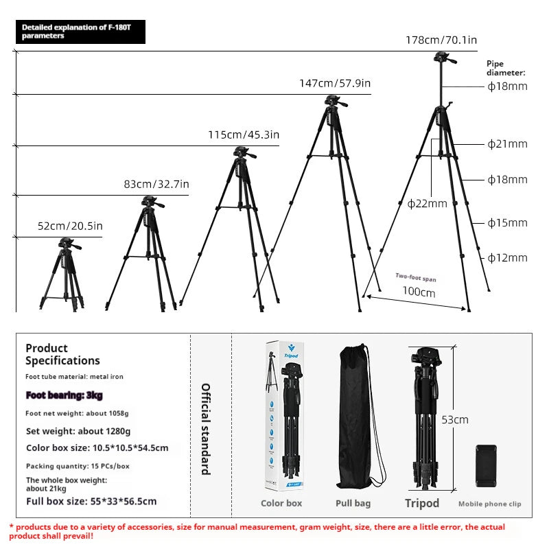 F180 Professional Tripod 180cm Phone HolderMultifunction Outdoor Portable Tripod for Live Streaming Photography Shooting Tripod