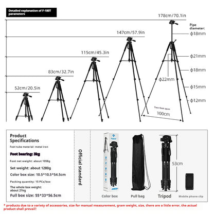 F180 Professional Tripod 180cm Phone HolderMultifunction Outdoor Portable Tripod for Live Streaming Photography Shooting Tripod