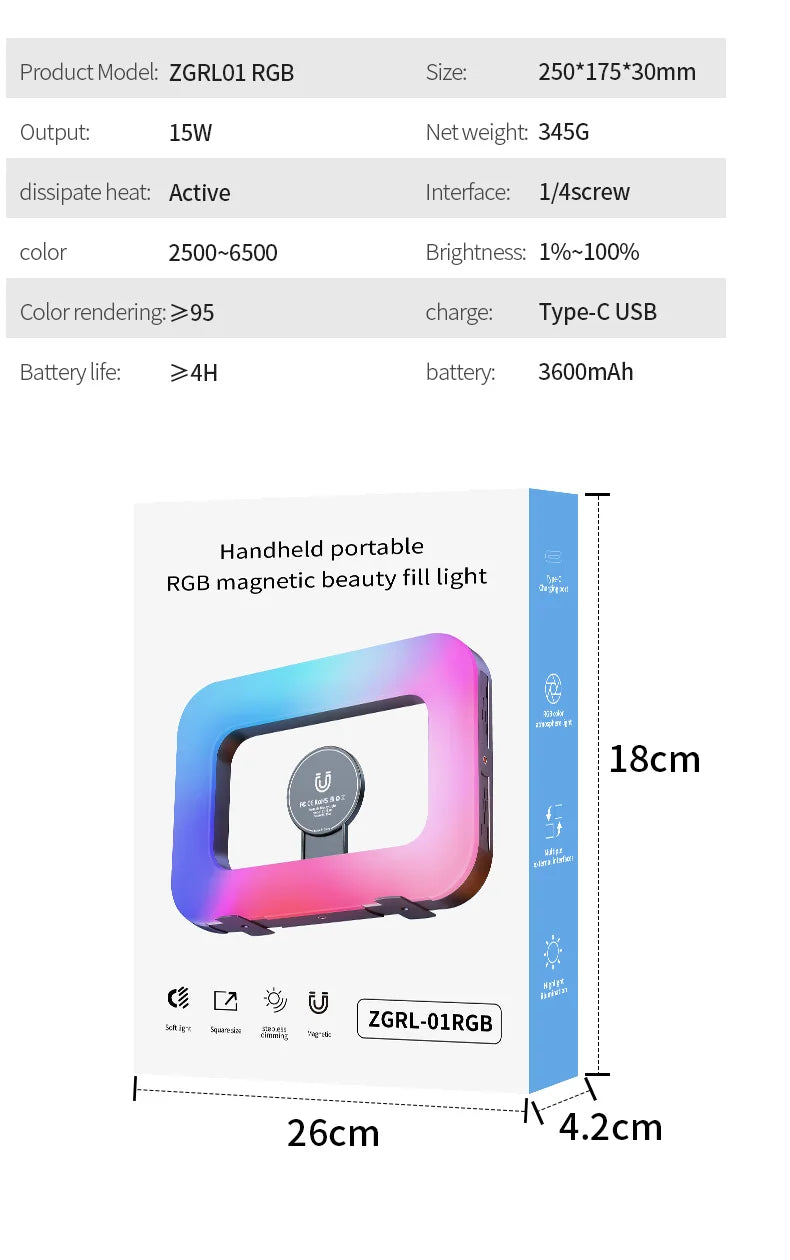 RGB Magnetic Handheld Ring Fill Light - Rechargeable for Phone Live Streaming, Photography, Desktop & Camera Cage Selfie Lightin