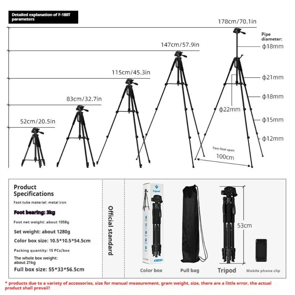 F180 Professional Tripod 180cm Phone HolderMultifunction Outdoor Portable Tripod for Live Streaming Photography Shooting Tripod
