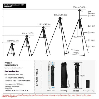 F180 Professional Tripod 180cm Phone HolderMultifunction Outdoor Portable Tripod for Live Streaming Photography Shooting Tripod