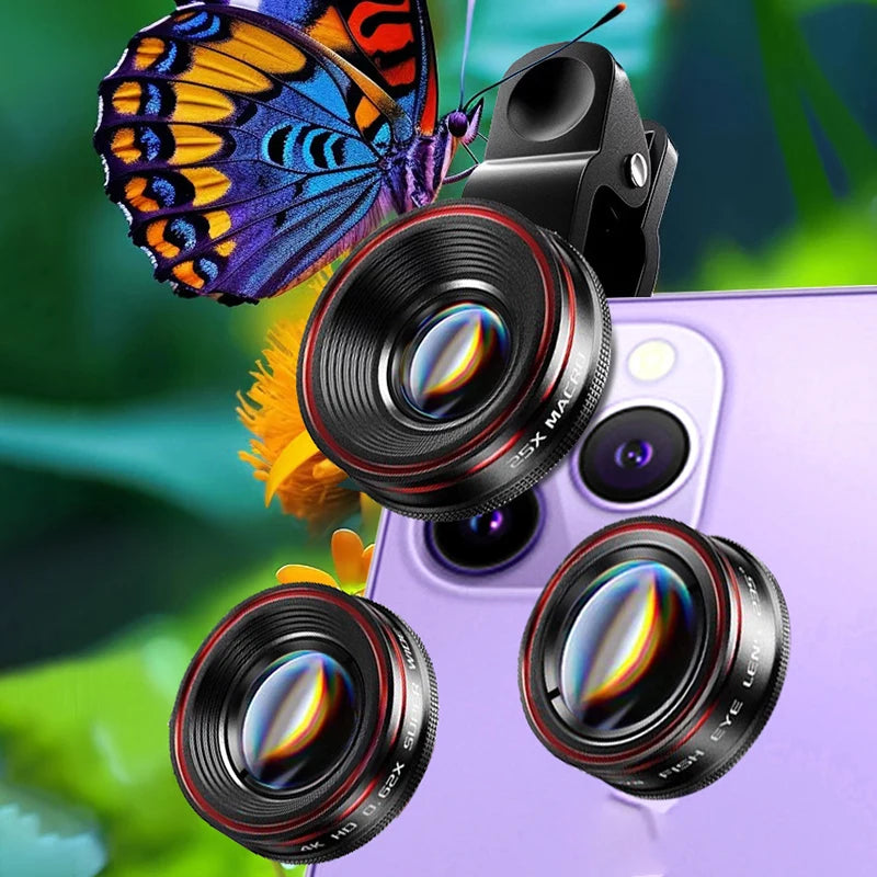 Mobile phone camera lens with lens clip wide-angle 25X macro  fisheye external lens for photography Durable clip design Creative