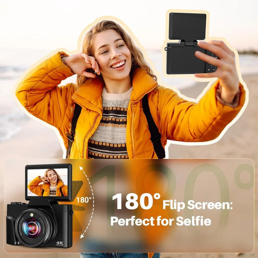 4K Digital Camera Photography 16X Zoom Autofocus 64MP WiFi Compact Travel Camera Vlogging Camera 180° Flip Screen for Beginners