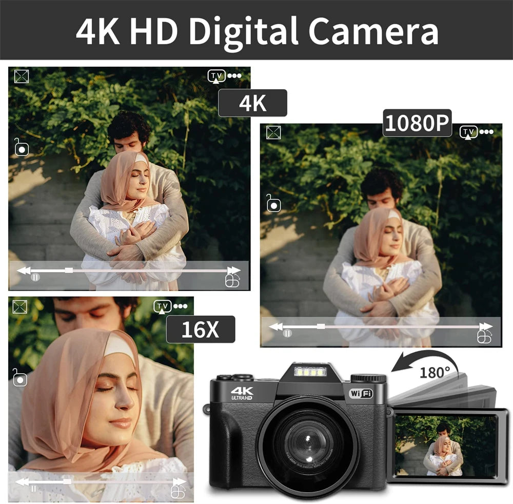 4K Digital Camera for Photography 16X Digital Zoom Vlogging Camera for YouTube 64MP WiFi Auto Focus Video Camera 3" Flip Screen