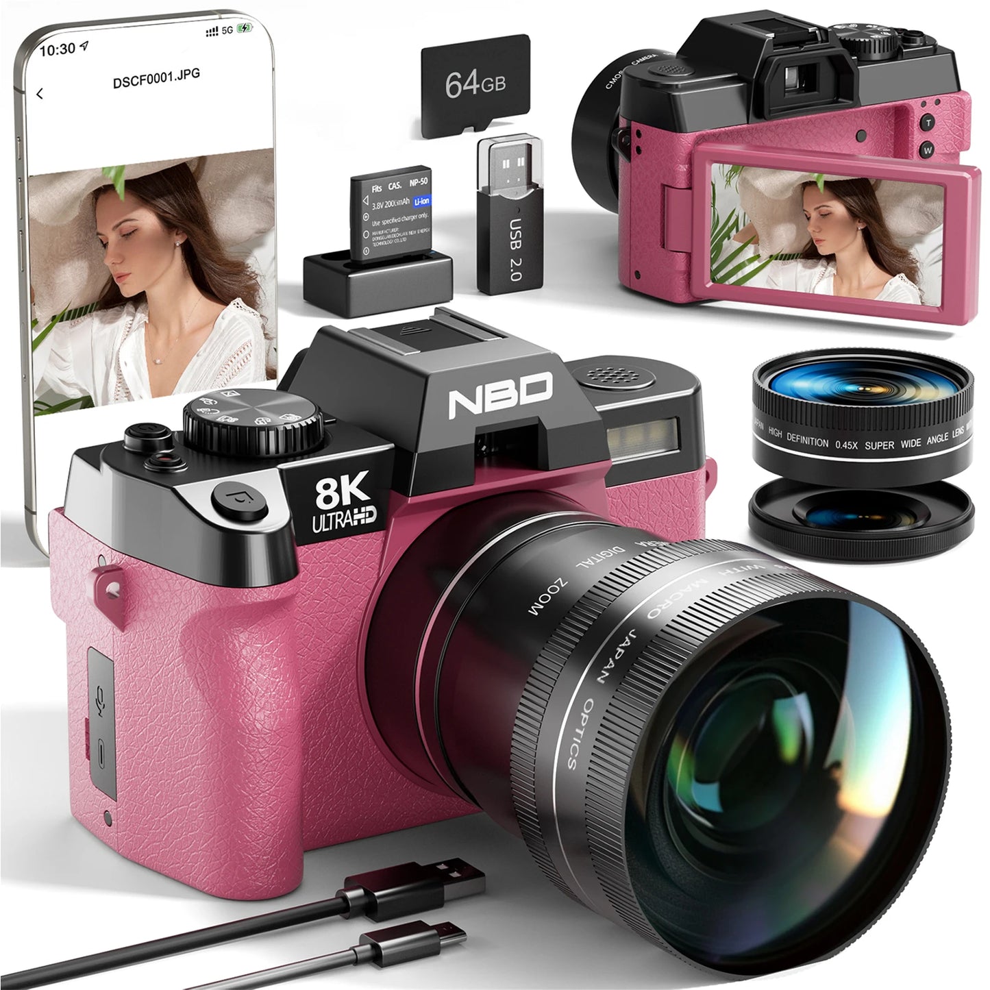 Professional Digital Camera 64MP&8K Video/Vlog Photography for Girls with App Control AF Focus Travel Camera Beginners Gifts