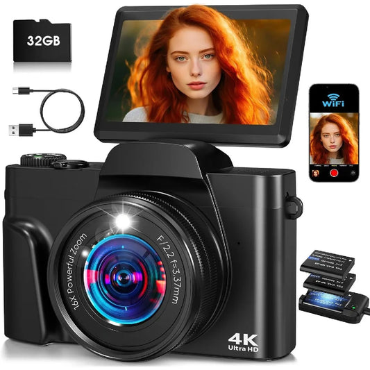 4K Digital Camera Photography 16X Zoom Autofocus 64MP WiFi Compact Travel Camera Vlogging Camera 180° Flip Screen for Beginners