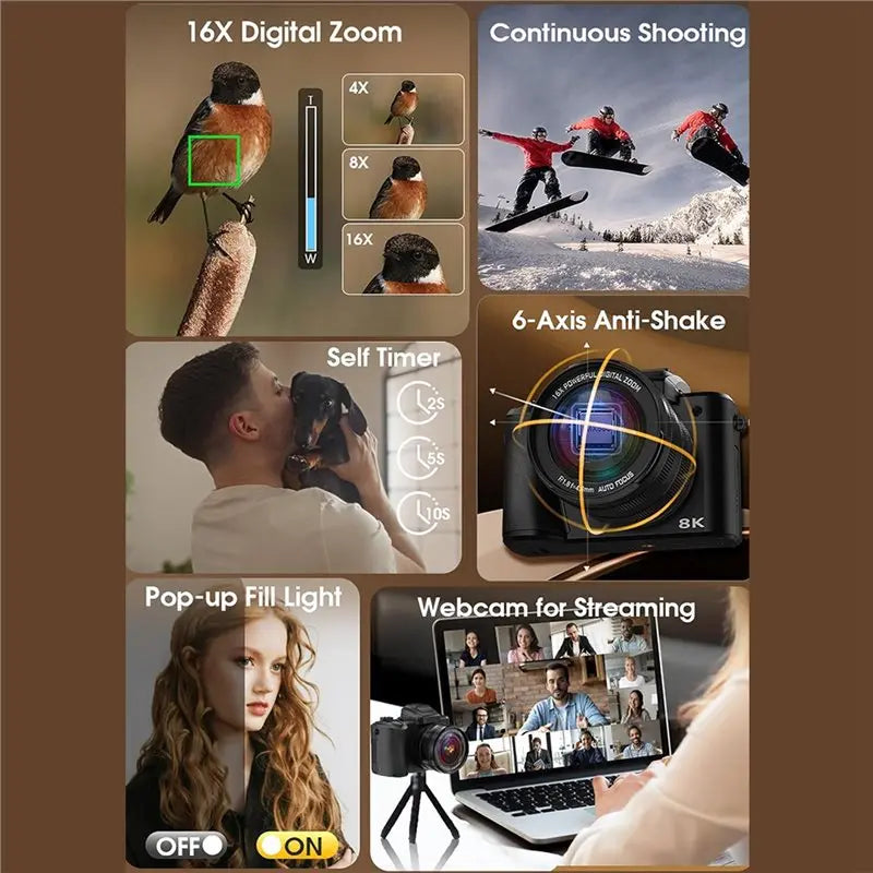 ABUO-Digital Camera 8K, 88MP Autofocus Photography Camera With Wifi& Touch Screen, 16X Zoom Vlog Recording Functionality