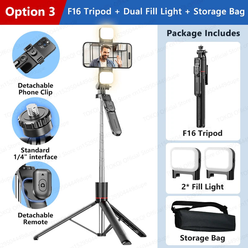 F16 Tripod 1/4'' Interface Extendable Selfie Stick for Smartphone 360° Rotat Shooting Vlog Video Live Broadcast Film with Remote