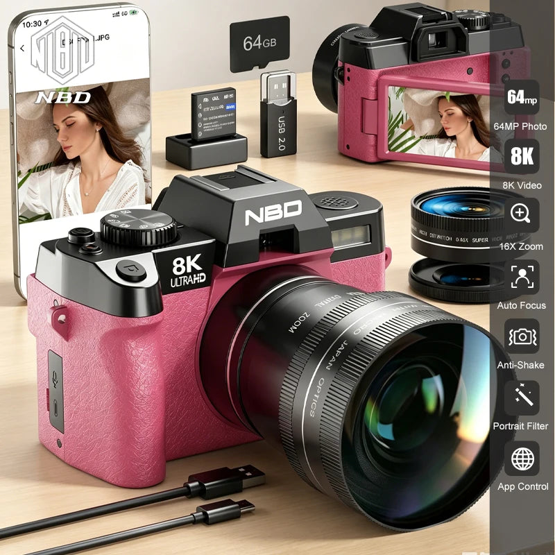 Professional Digital Camera 64MP&8K Video/Vlog Photography for Girls with App Control AF Focus Travel Camera Beginners Gifts