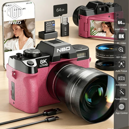 Professional Digital Camera 64MP&8K Video/Vlog Photography for Girls with App Control AF Focus Travel Camera Beginners Gifts