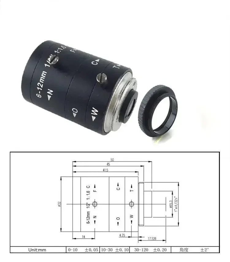 3.0MP Distortionless Manual Zoom Lenses Focal Length 6~12mm HD 1/2" Industrial Camera Lens CCD Vision Lens C Interface