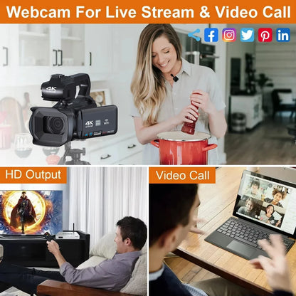 4K 60FPS Professional Camcorder for Photography 64MP WiFi Livestream Webcam Video Cameras 18X Digital Zoom YouTube Vlog Recorder