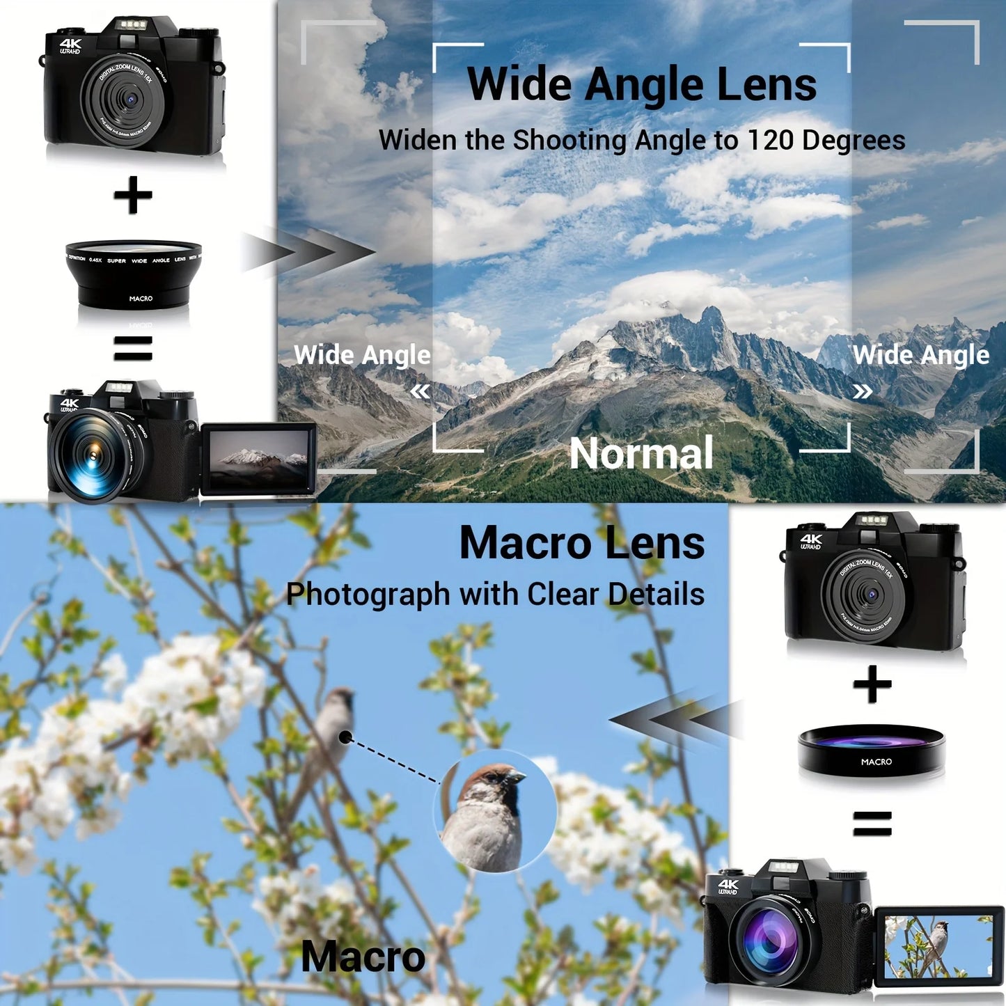 4K Digital Camera for Photography 16X Digital Zoom Vlogging Camera for YouTube 64MP WiFi Auto Focus Video Camera 3" Flip Screen
