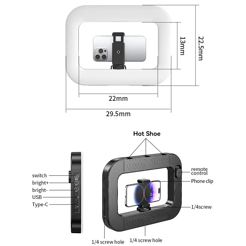 Handheld Ring LED Rechargeable Fill light Portable Mobile Phone Live Broadcast Photography Desktop Rabbit Cage Selfie Light