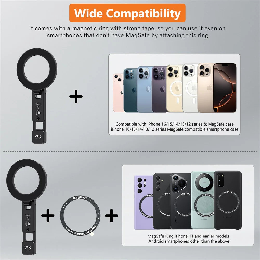 VRIG Magnetic Phone Holder Stand MagSafe Cold Shoe Tripod Mount w 1/4 Screw for iPhone Android Phone Desktop Live Streaming Vlog