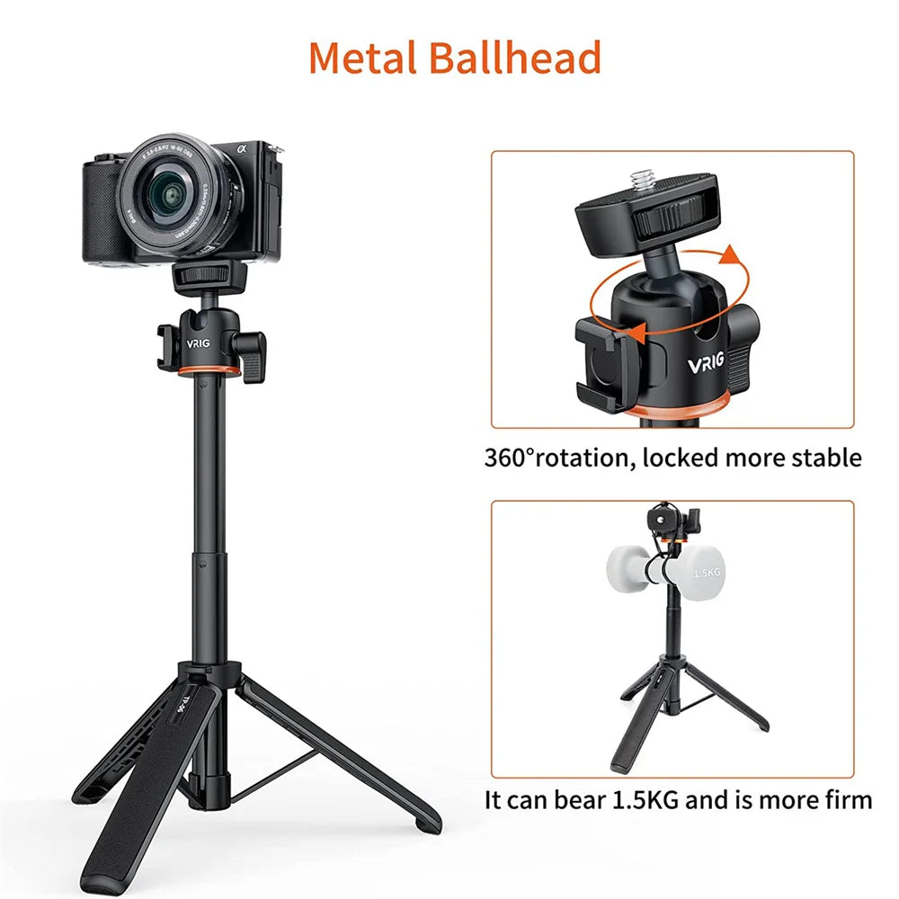 VRIG TP-06 4 Sections Camera Phone Tripod w 360 BallHead Cold Shoe Selfie Stick Tripod Stand for iPhone 15 14 13 12 Phone Camera