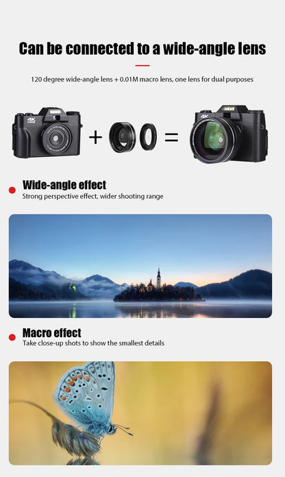 4K HD Professional Digital Camera Camcorder WIFI Webcam Wide Angle 16X Digital Zoom 48MP Photography 3 Inch Flip Screen Recorder
