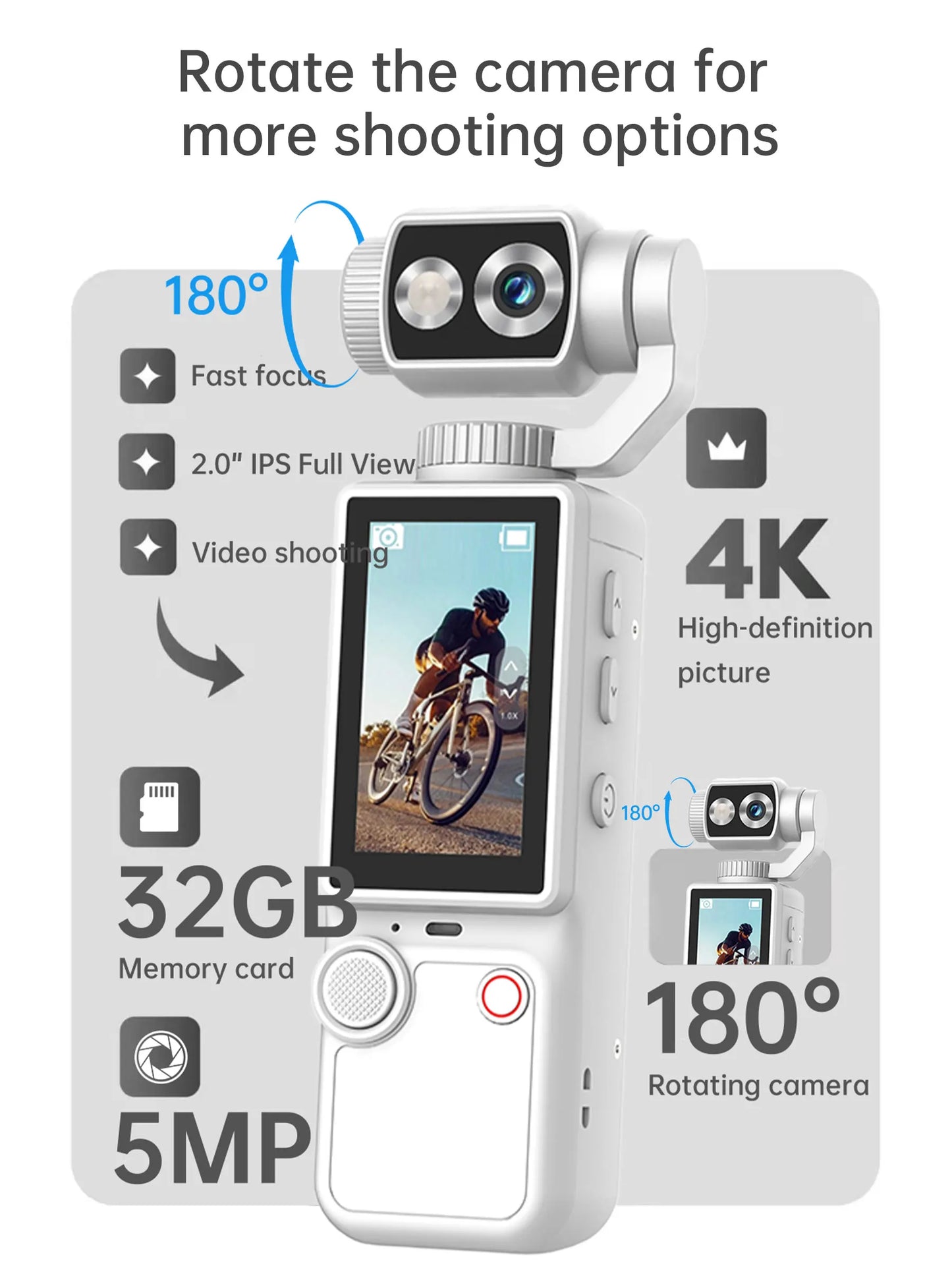4K Vloging camera touch screen portable pocket action camera180° lens flip hand-held stabilizer fill light sports video cameras