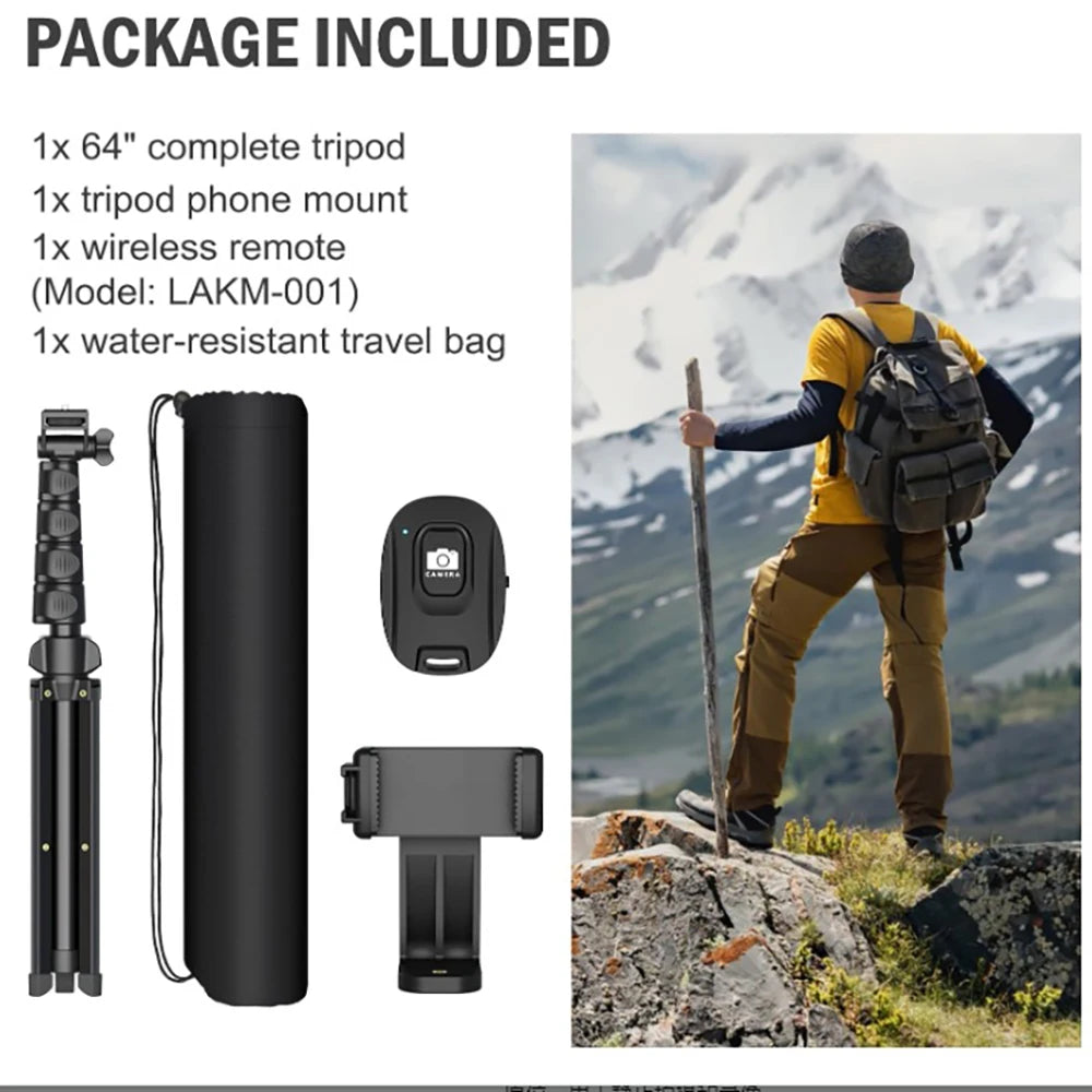 64”Phone & Camera Tripod with Remote and Phone Holder, Sturdy & Stable Height Adjustable Multi-Angle Shot Selfie Stick Tripod