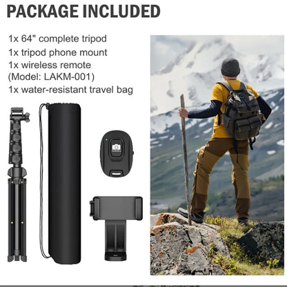 64”Phone & Camera Tripod with Remote and Phone Holder, Sturdy & Stable Height Adjustable Multi-Angle Shot Selfie Stick Tripod