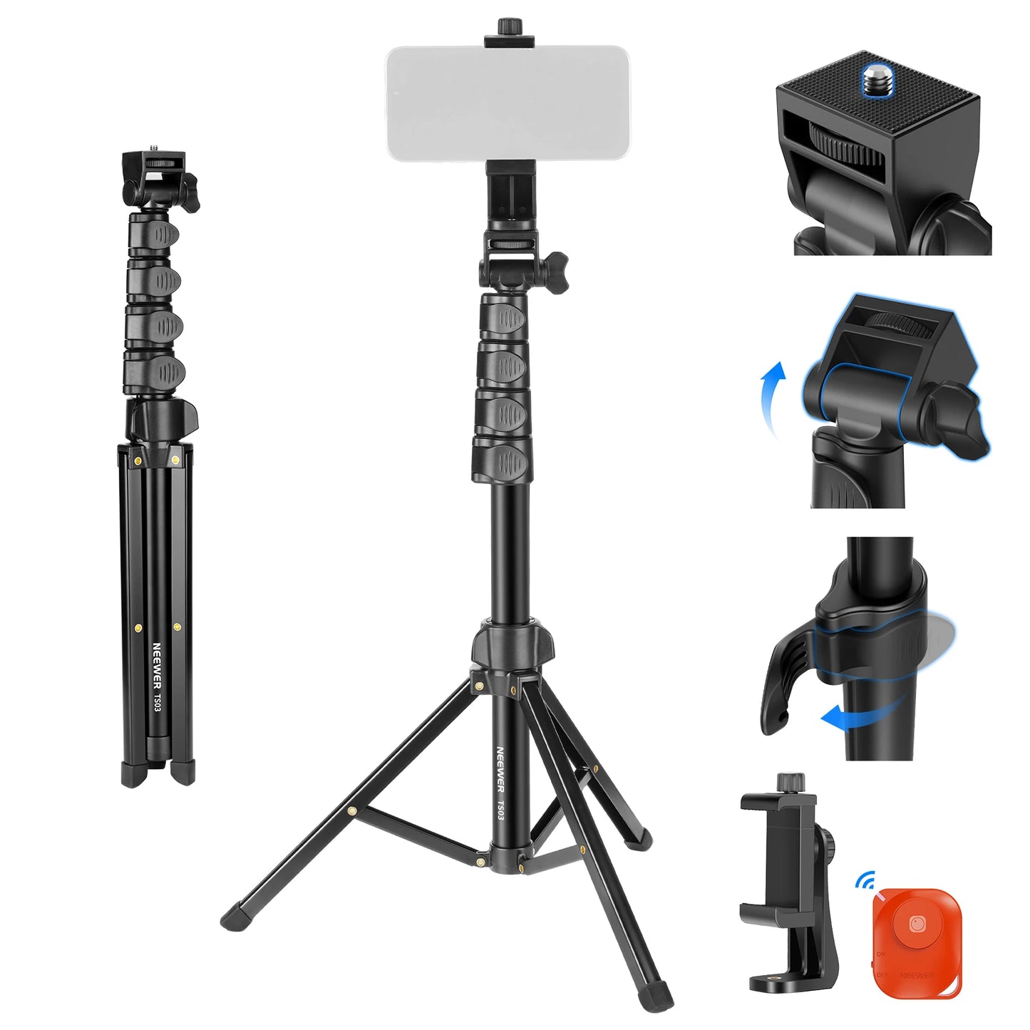 NEEWER Basic Phone Tripod for iPhone & Camera w/Remote & Phone Holder, 66" Metal Selfie Stick Travel Vlog Cell Phone Stand f