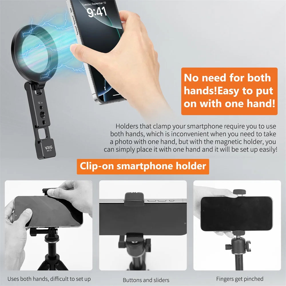 VRIG Magnetic Phone Holder Stand MagSafe Cold Shoe Tripod Mount w 1/4 Screw for iPhone Android Phone Desktop Live Streaming Vlog