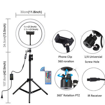 LED Selfie Ring Light 12 Inch Desktop Video YouTube Lamp Tripod Stand Dimmable RGB Photography Light Remote Control Soft Light