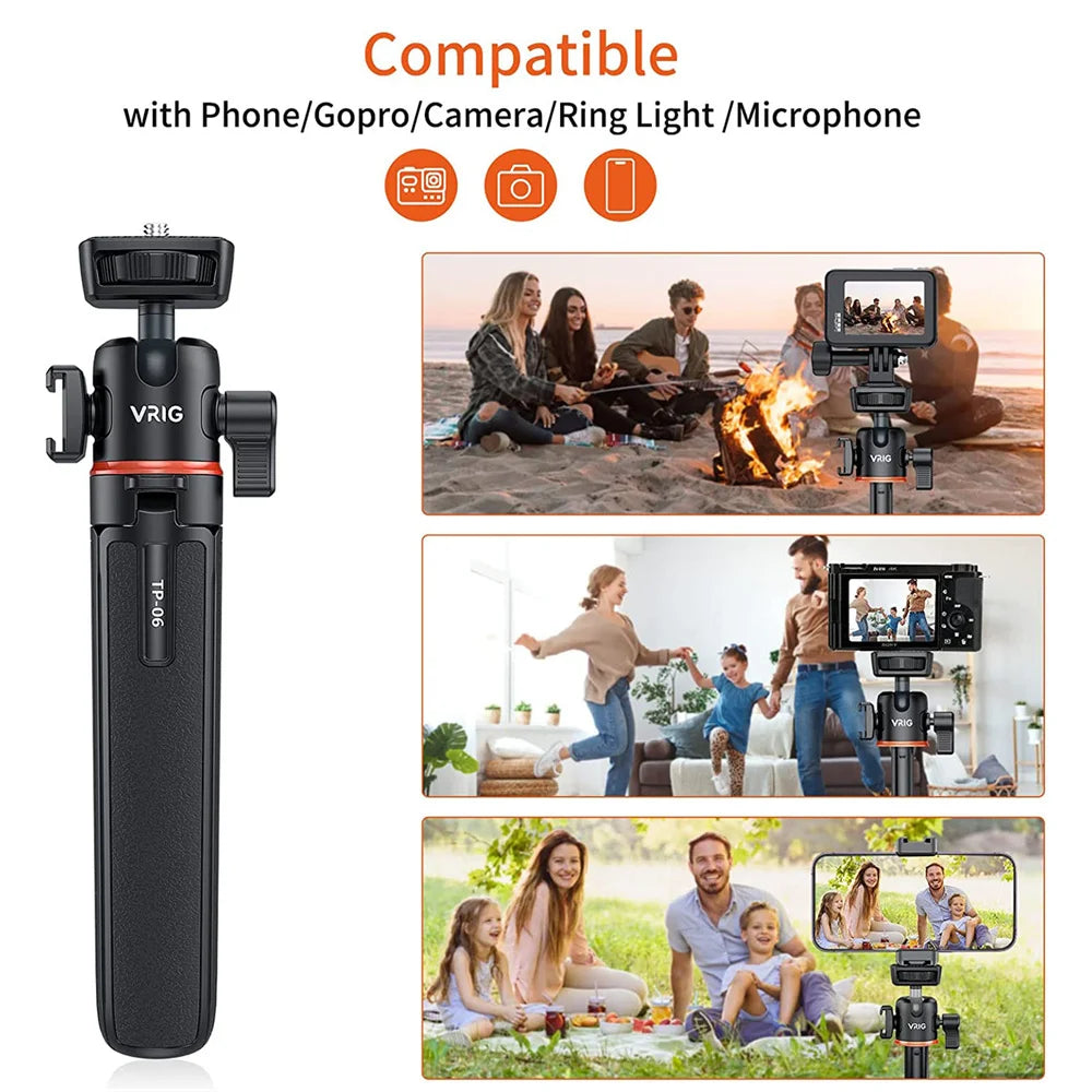 VRIG TP-06 4 Sections Camera Phone Tripod w 360 BallHead Cold Shoe Selfie Stick Tripod Stand for iPhone 15 14 13 12 Phone Camera