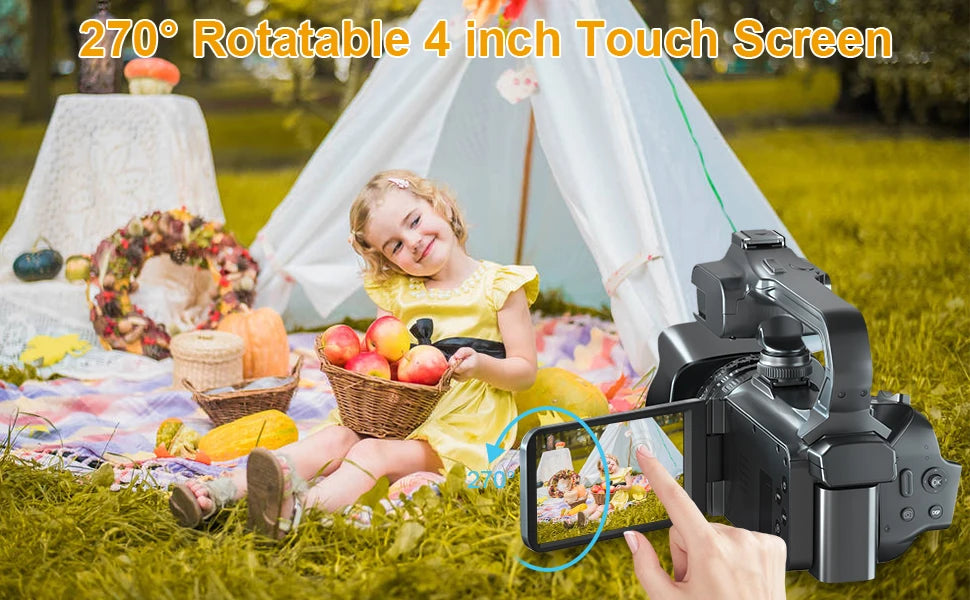 64MP 4K Camcorder 4.0 Inch 270° Rotate Touch Screen 18X 4K UHD Professional Digital Video Camera Youtube Livestream Wifi Webcam