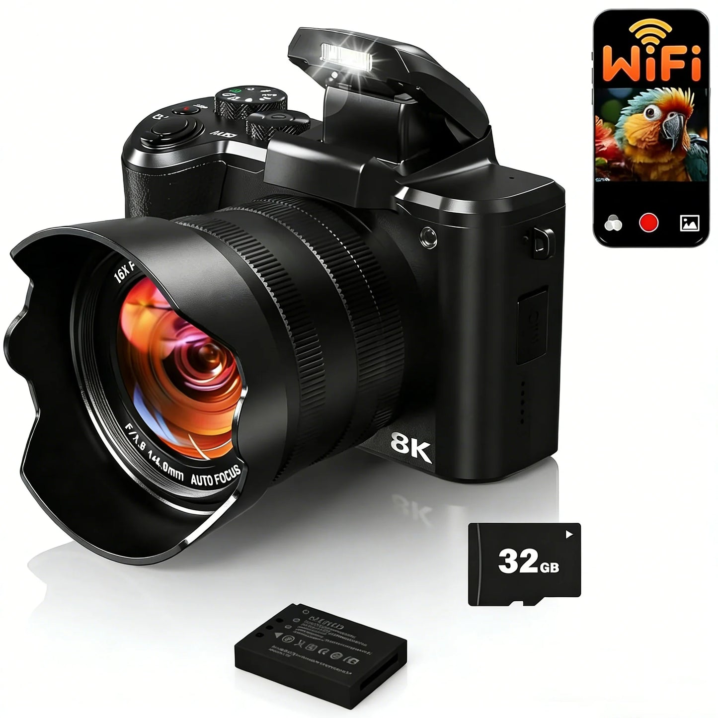 88MP Digital Camera 8K Autofocus WiFi Professional Video Camera with Flash, Touch Screen, Lens Hood 32G Card