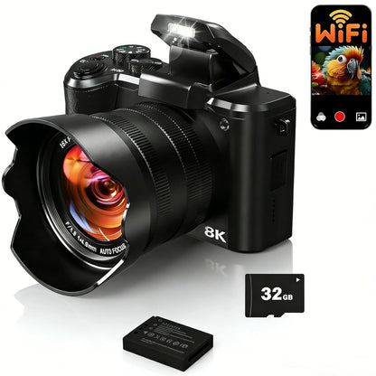 88MP Digital Camera 8K Autofocus WiFi Professional Video Camera with Flash, Touch Screen, Lens Hood 32G Card